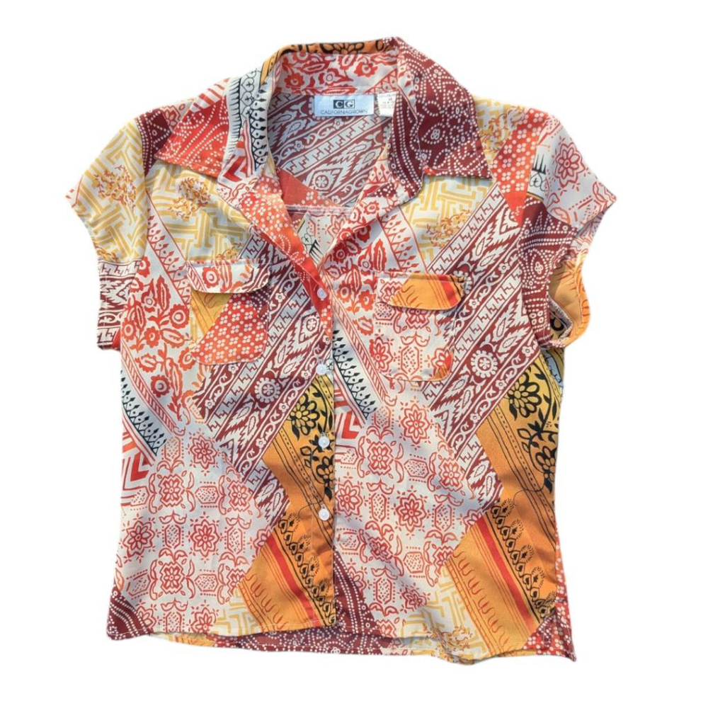 Vtg Orange Patchwork Print Button Up Blouse Short Sleeve Womens M Boho Festival